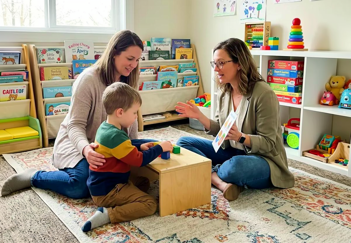 Parent and child participating in support related to in-home ABA therapy