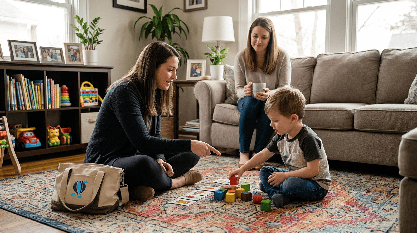 In-home ABA therapy explained through a therapist working with a child at home